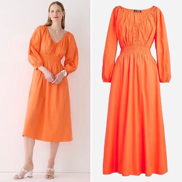 J CREW V-neck Midi Dress in Cotton Poplin in Sweet Tangerine Orange Size XS NEW - Picture 1 of 9